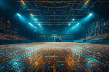 Desolate basketball court in an abandoned arena: A photographer's empty canvas - obrazy, fototapety, plakaty
