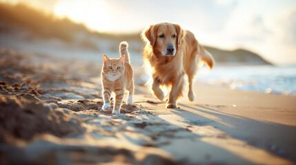 A dog and a cat are walking on the sandy beach.
