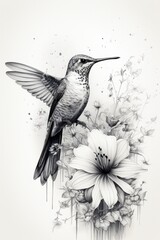 A black and white drawing of a hummingbird perched on a flower, depicted with intricate details and precision. The scene captures the delicate relationship between the bird and the bloom