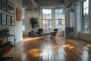 Empty creative workspace with large windows, remote focus, no individuals present - obrazy, fototapety, plakaty