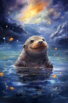 A painting depicting a sea otter floating on the surface of the ocean. The otter is peacefully enjoying its natural habitat, surrounded by the vast blue waters