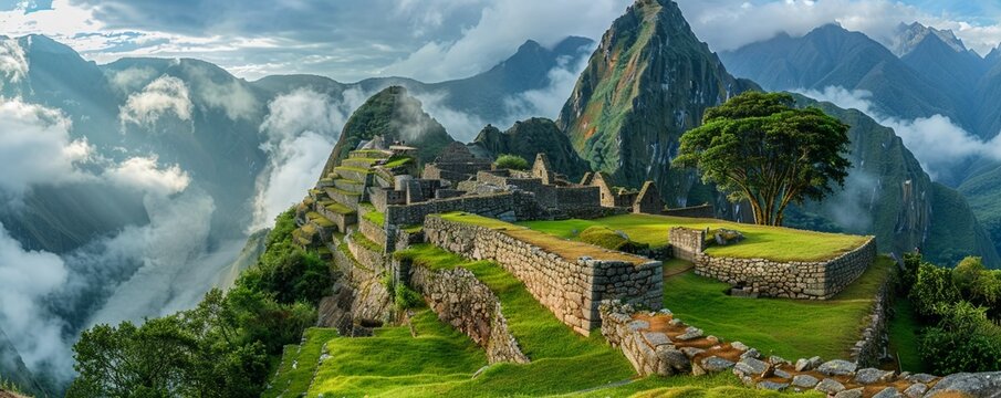 Panoramic view of the iconic Machu Picchu surrounded by mist and mountains during sunrise