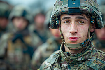 Brave Warrior: A striking portrait of a male soldier in uniform, surrounded by his comrades in arms