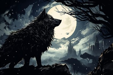 A wolf stands proudly on a hill, silhouetted against a full moon in the night sky. Its gaze is focused, embodying strength and determination