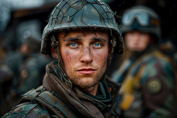 Brave Warrior: A Powerful Portrait of a Male Soldier in Military Uniform Surrounded by his Comrades - obrazy, fototapety, plakaty