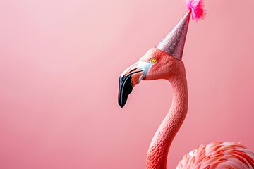 Pink plastic flamingo wearing a birthday party hat on a pink background.