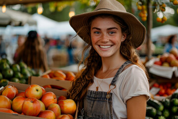 Joyful young female farmer showcasing fresh fruits at market