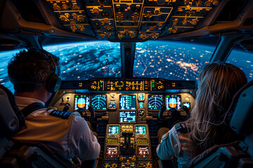 Male and Female Pilots Commanding an International Flight in the Cockpit with Dashboard Controls and Monitors