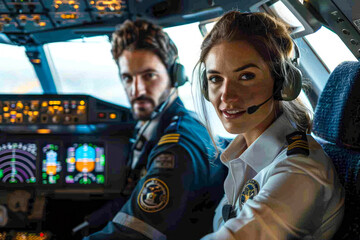 Male and female pilots navigating an international flight in cockpit with dashboard controls and monitors