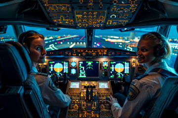 Male and Female Pilots Commanding International Flight in Airplane Cockpit with Dashboard Controls and Monitors