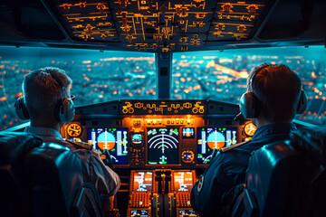 International Flight Captains: A Male and Female Pilot Team in the Cockpit - obrazy, fototapety, plakaty