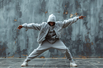 Urban Groove: Young male hip hop dancer showcasing moves against industrial grey backdrop in...