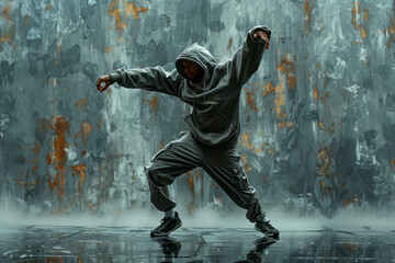 Urban vibes: Young male hip hop dancer busting moves against grey backdrop in stylish attire