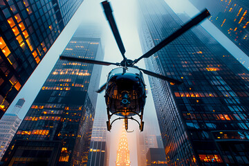 Urban Skyline: Black Helicopter Soars Amidst City Skyscrapers - obrazy, fototapety, plakaty