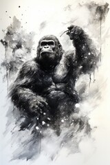 A painting depicting a gorilla holding a bird in its hands. The gorilla is shown in a realistic style, showcasing its strength and the gentle interaction with the small bird