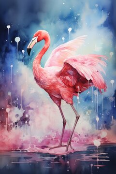 A painting showing a pink flamingo elegantly standing in the water, with its feathers ruffled by a gentle breeze. The flamingo is gracefully posed, showcasing its slender neck and vibrant plumage