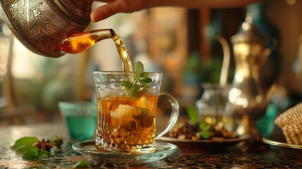 Moroccan teahouse with hands pouring mint tea into a traditional glass. - obrazy, fototapety, plakaty