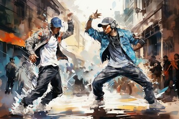 Two men engaged in a dynamic freestyle street dance battle, showcasing their skill and passion in the gritty urban setting - obrazy, fototapety, plakaty