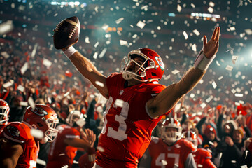 Red-clad American football player celebrates a fumbled ball in packed Superbowl stadium.