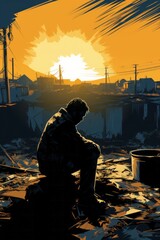 Fototapeta premium A painting depicting a homeless man sitting on the ground, warming himself by a barrel fire. The man appears downtrodden and weary, with a sense of isolation and hardship