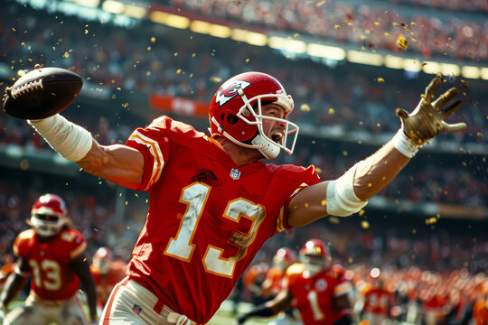 Excited American football player celebrates a touchdown in a packed stadium during the Superbowl, wearing a red uniform.