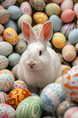 Fototapeta na wymiar Easter rabbit and painted Easter eggs around him