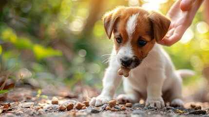 Playful puppy in the backyard is fed treats by hand.