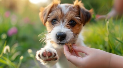 Playful puppy in the backyard is fed treats by hand.