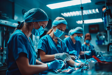 Medical team performing surgery in hospital emergency room, assistant handing out instruments to surgeons during operation. - obrazy, fototapety, plakaty