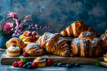 Bakery Delights: Artistic Still Life of Delectable Pastries on Dark Blue Background