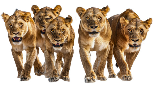 The image zooms in on a lion family, commonly referred to as a pride, set against a white backdrop.