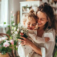 a woman hugs a small child and holds flowers in her hands against the background of the room, they laugh. Mother's Day photo.