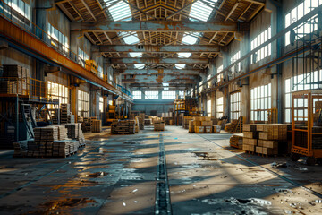 Spacious Industrial Workshop: Equipped Factory Building for Content Creators - obrazy, fototapety, plakaty