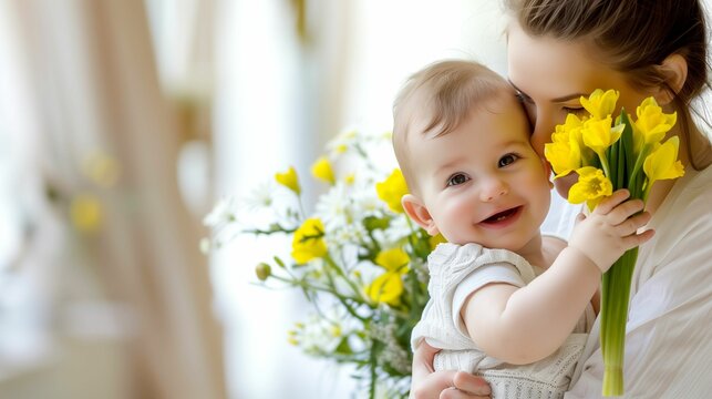 Photo of a child giving rzanocolored flowers to mom, mother's day, mom kissing a child in an embrace holding a bouquet of flowers in the background of the room 