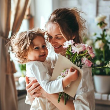 Photo of a child giving pink flowers to mom, mother's day, mom holding a child holding flowers and a card in the background of the room