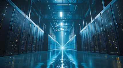 Dark server room data center storage with blue lights.