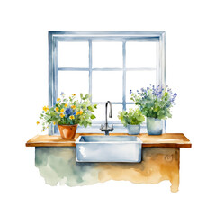 Quaint country kitchen with farmhouse style sink pots, fresh herbs plants, windowsill, watercolor painting, kitchen, farmhouse vibes, table, vector clipart, vector illustration, cutout on white 