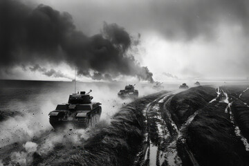 Fototapeta premium Marching Towards Victory: A WWII-inspired Black and White War Photography Masterpiece Capturing Advancing Tanks and Artillery Pieces on the Battlefield