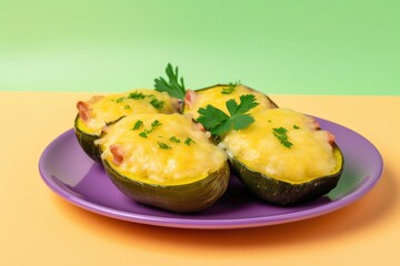 Halved zucchinis with a golden cheese gratin served on a purple plate, set against a contrasting yellow and green backdrop. Gratin Baked Zucchini Halves on Vibrant Plate