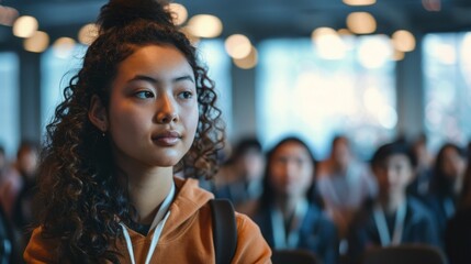 Focused Young Woman at Seminar, Perfect for Educational Content