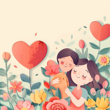 3D illustration Mother holding her daughter on yellow background with big flowers in the form of red hearts. Festive background for Mother's Day.