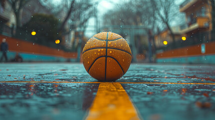 Ball at basketball court on sunny day.