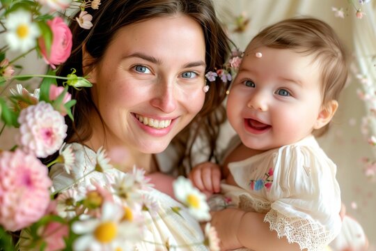 Boho style photo for Mother's Day with pink and white flowers, mom and baby.