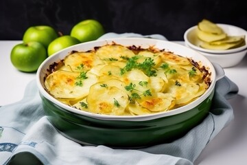 An appetizing zucchini and potato gratin in a green ceramic dish, accompanied by green apples on a contrasting dark background. Zucchini and Potato Gratin with Green Apple Accents