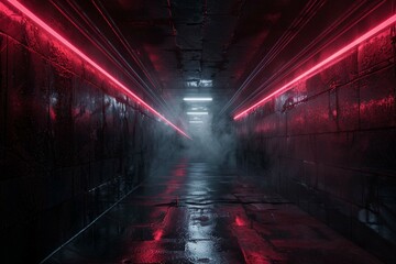 Dark underground passage with escalator and neon light, advertising light box, mocap, tunnel with...