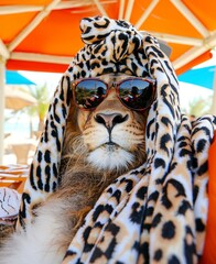 
lion with sunglasses and covered with a towel, in a beach bar