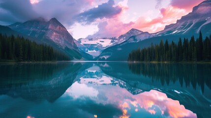 Serene mountain lake at sunset with vibrant sky reflections
