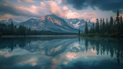 Poster Serene mountain landscape with reflection in calm lake waters at dusk. © Mosphotobox