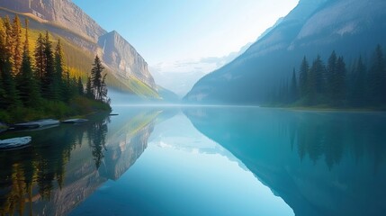 Tranquil mountain lake with reflections of steep cliffs and forest in calm water at dawn.