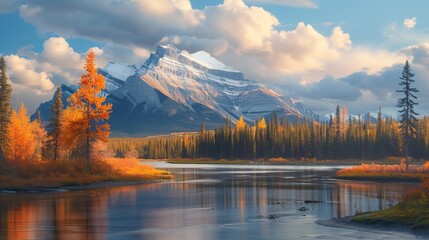 Autumn landscape with vibrant foliage, serene river, and majestic mountain backdrop during golden hour.